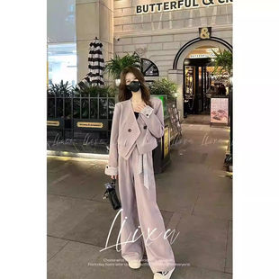 新款 女2025春季 蕾丝飘带翻袖 上衣 气质两件套 西装 直筒裤 套装