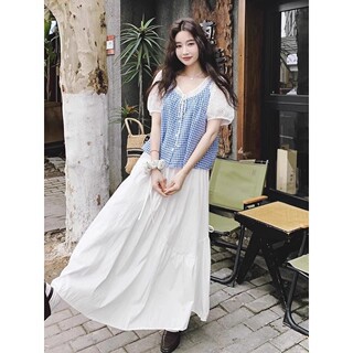 韩系大学生套装女2025夏季新款气质镂空格纹拼接上衣半身裙两件套