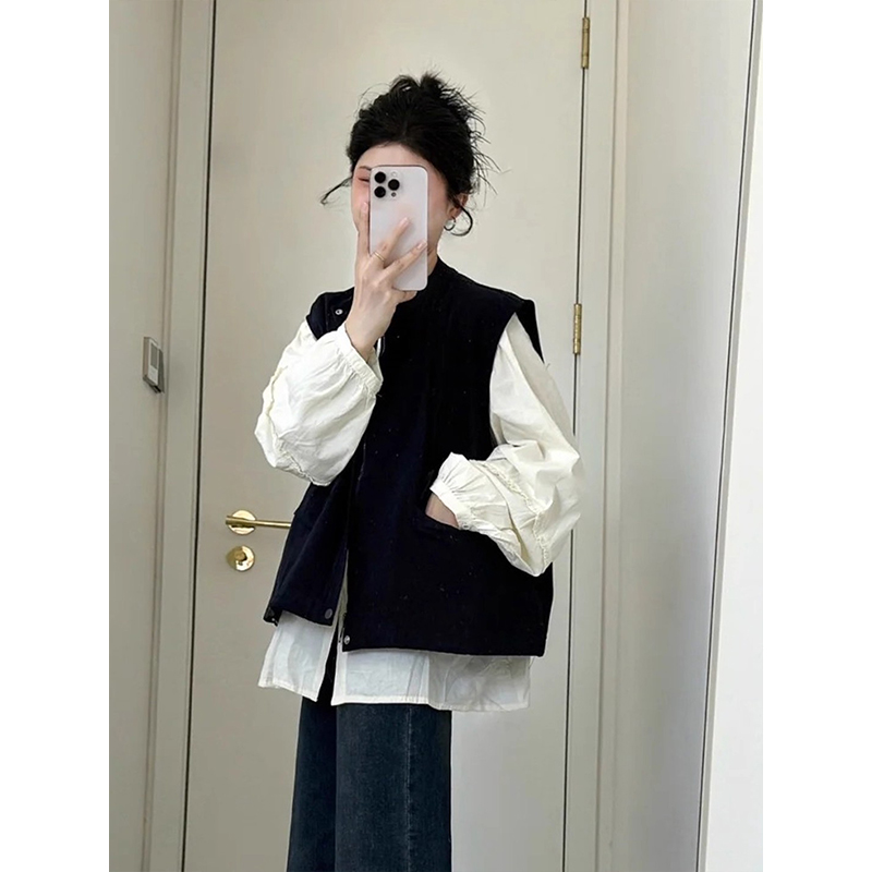 气质百搭白色长袖衬衫女秋季2025新款外搭黑色宽松百搭马甲两件套