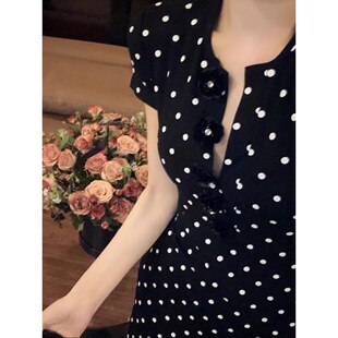 显瘦中长款 韩版 设计感修身 波点T恤连衣裙女2025夏季 包臀裙子 时尚