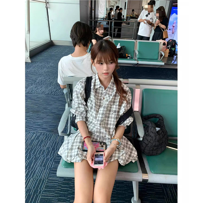 韩系穿搭一整套装女早秋新款学院风翻领长袖衬衫高腰花苞裙两件套