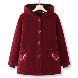 老年人冬装红色棉袄女奶奶加绒加厚连帽棉衣妈妈冬季大码条绒外套