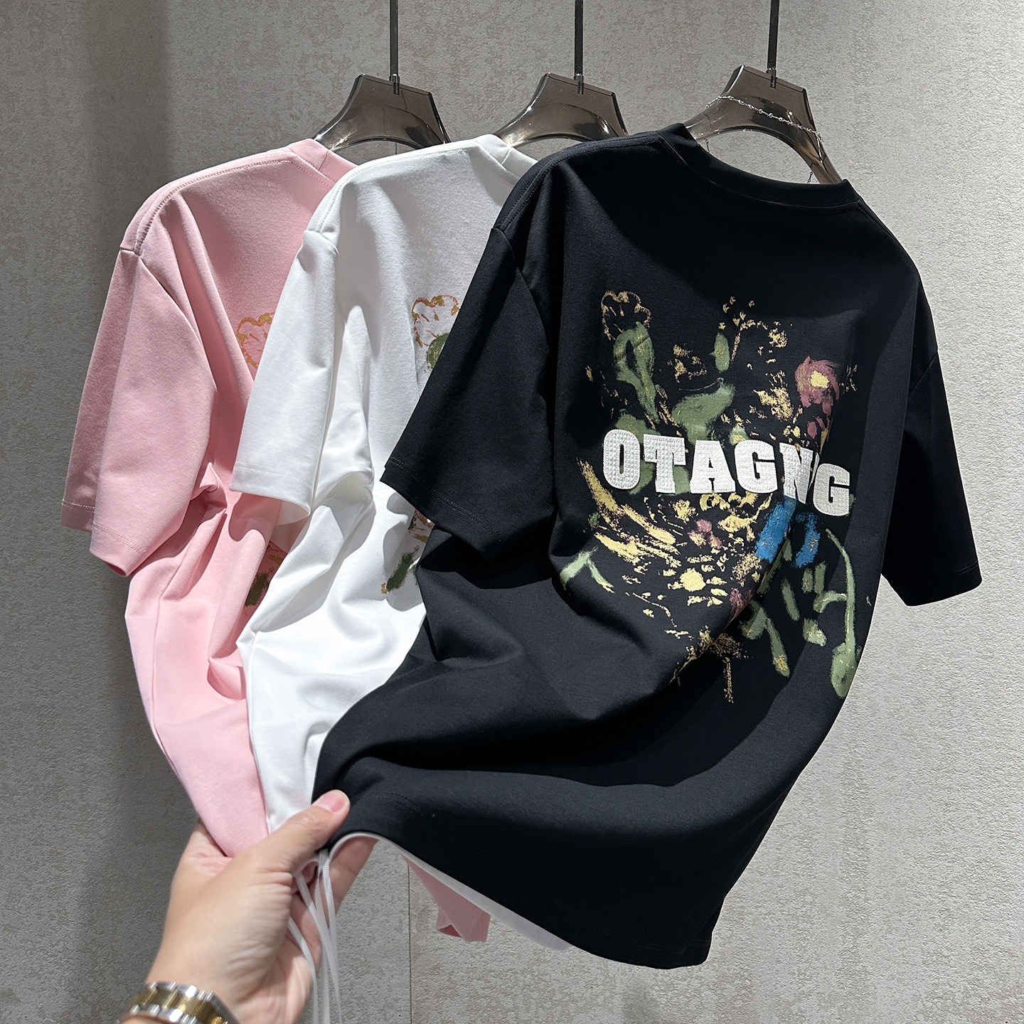 夏季潮流vintage风短袖男个性花卉涂鸦印花宽松版型圆领百搭T恤衫