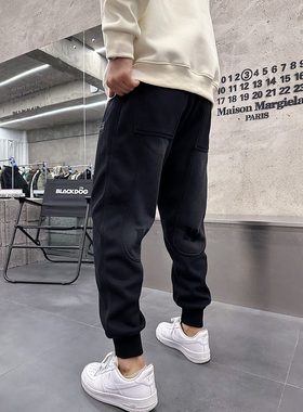 春季新款加绒休闲裤男流行黑色束脚水洗渐变字母印花裤子青年卫裤