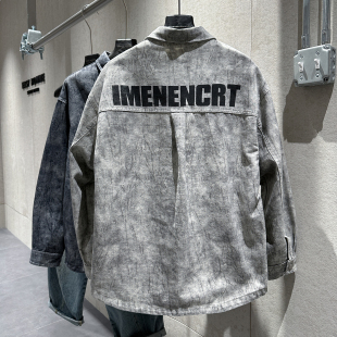 字母印花水洗晕染颜色潮流翻领外套 夹克个性 早春新款 利落牛仔衬衫