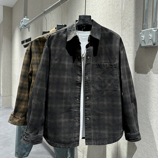 百搭格子衫 早春潮流炸街外套个性 贴布口袋不对称设计牛仔外套时尚