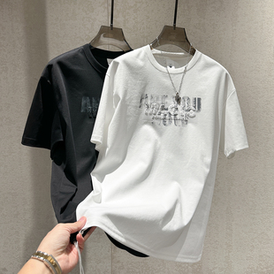 夏季新款氛围感短袖男个性做旧胶印叠加钢印字母设计圆领百搭T恤