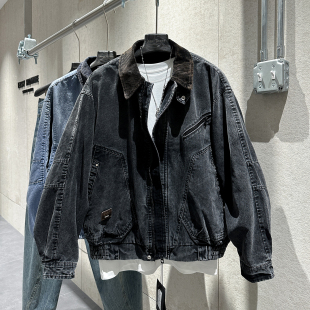 早春新款 风牛仔外套 撞色翻领夹克男拼接条绒领口水洗做旧颜色工装