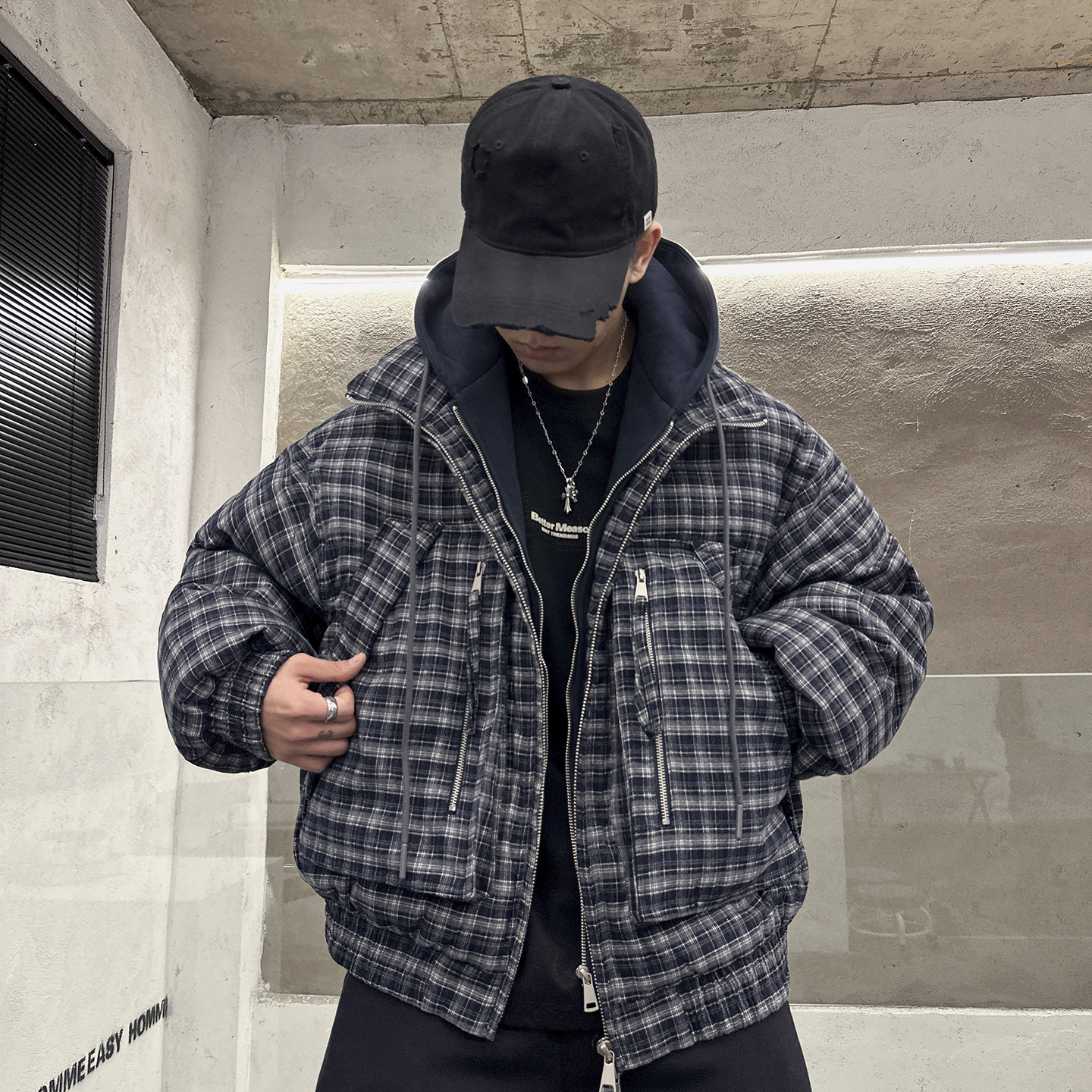 冬季百搭个性格子纹假两件棉衣