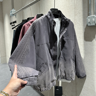 早春时尚重磅外套男个性水洗做旧颜色刺绣小标立体剪裁领牛仔外套