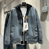 早春重磅假两件外套男个性 撞色设计拼接面料连帽百搭潮流牛仔外套