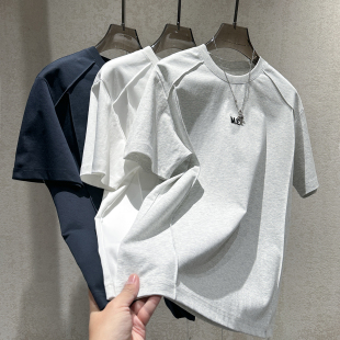 饰圆领T恤衫 立体剪裁骨线分割字母刺绣装 男个性 早春大师设计短袖