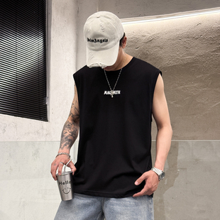 T恤衫 美式 通勤百搭无袖 男生穿搭上衣刺绣字母后背大胶印砍袖 薄款