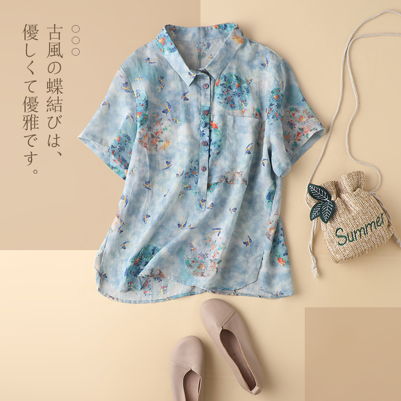 32021夏季女装复古印花苎麻衬衫女短袖文艺范扎染设计翻领麻料衬衣