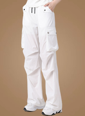 白色伞兵工装裤2025夏季高腰宽松休闲舞蹈直筒裤子广场舞口袋长裤