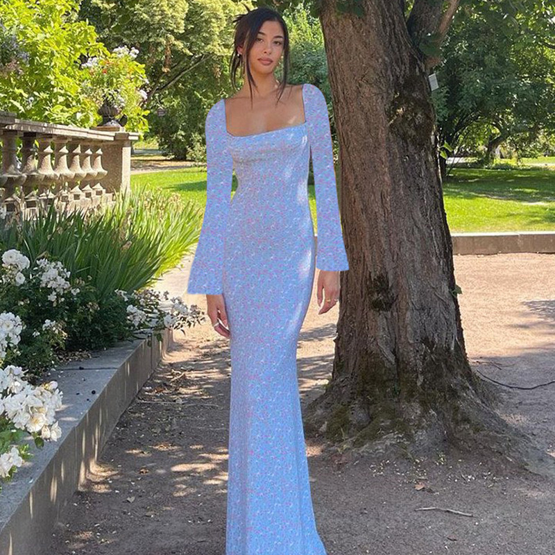 New Small Horn Printed Sleeve Dress 新款小喇叭印花袖连衣裙女