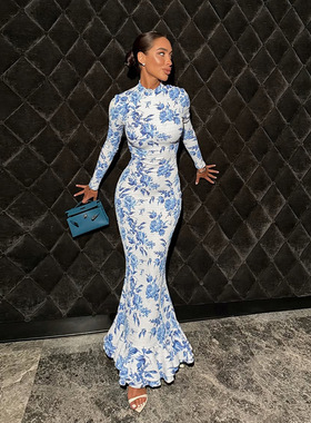 YJ25274半高领长袖印花鱼尾连衣裙女ins欧美跨境秋季新款辣妹