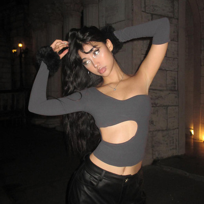 Hollow cut sleeve slanted collar top 新款镂空断袖斜领上衣女