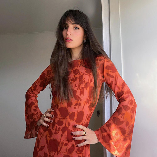 New printed round neck basic dress 新款印花圆领基础连衣裙女
