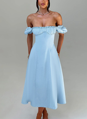 Bubble sleeves with fungus edge, A hem dress 泡泡袖A摆连衣裙