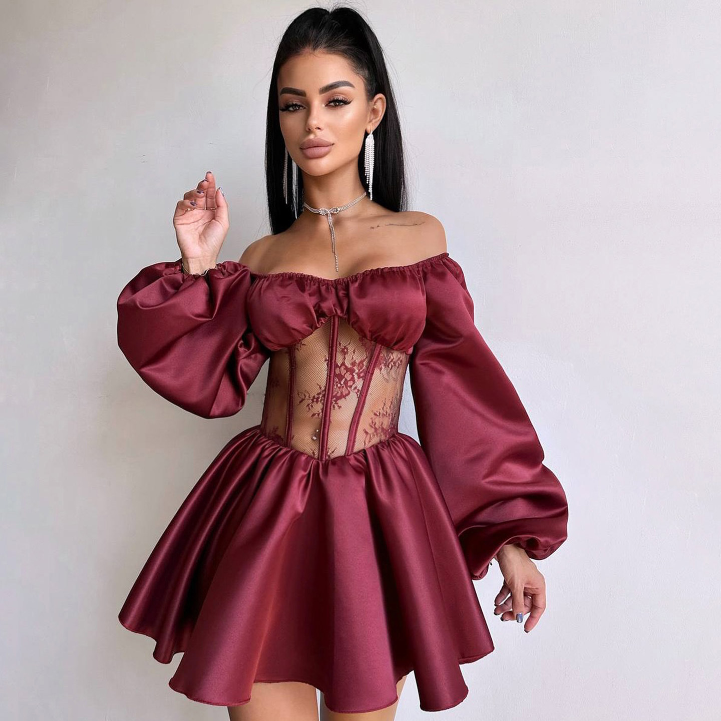 One shoulder lace see through dress 一字肩蕾丝透视连衣裙