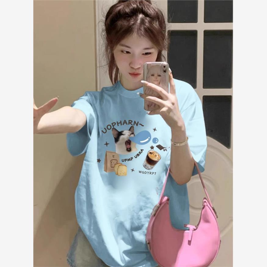 纯棉蓝色正肩短袖t恤女2025新款夏季宽松设计感小众可爱甜美上衣