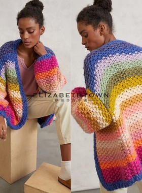 亚马逊跨境秋冬新款欧美风外贸纯手工彩虹条纹撞色粗针毛衣外套女