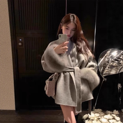 2025冬季双面羊绒呢子大衣女新款小个子狐狸毛短款灰色羊毛呢外套
