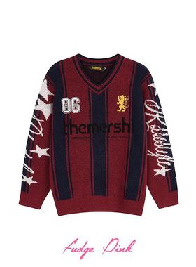 Fudge Pink 25冬季New美式复古运动个性撞色提花设计宽松套头毛衣