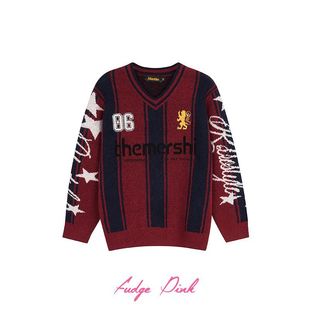 复古运动个性 Fudge New美式 25冬季 撞色提花设计宽松套头毛衣 Pink