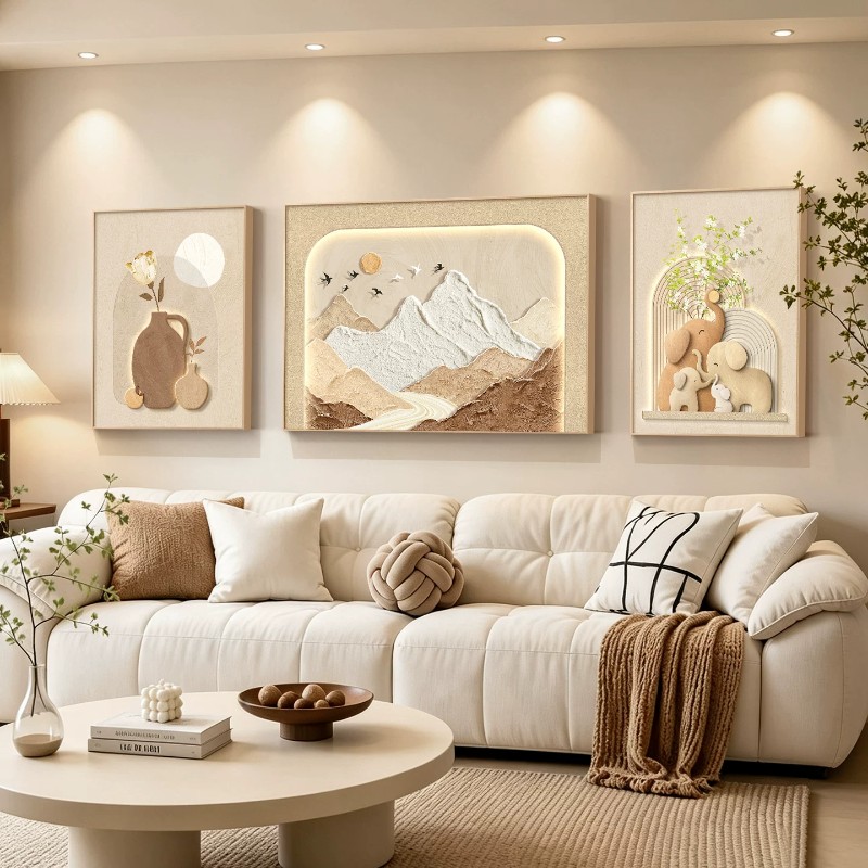 背有靠山奶油风中古风现代简约客厅装饰画沙发背景墙挂画三联画图片