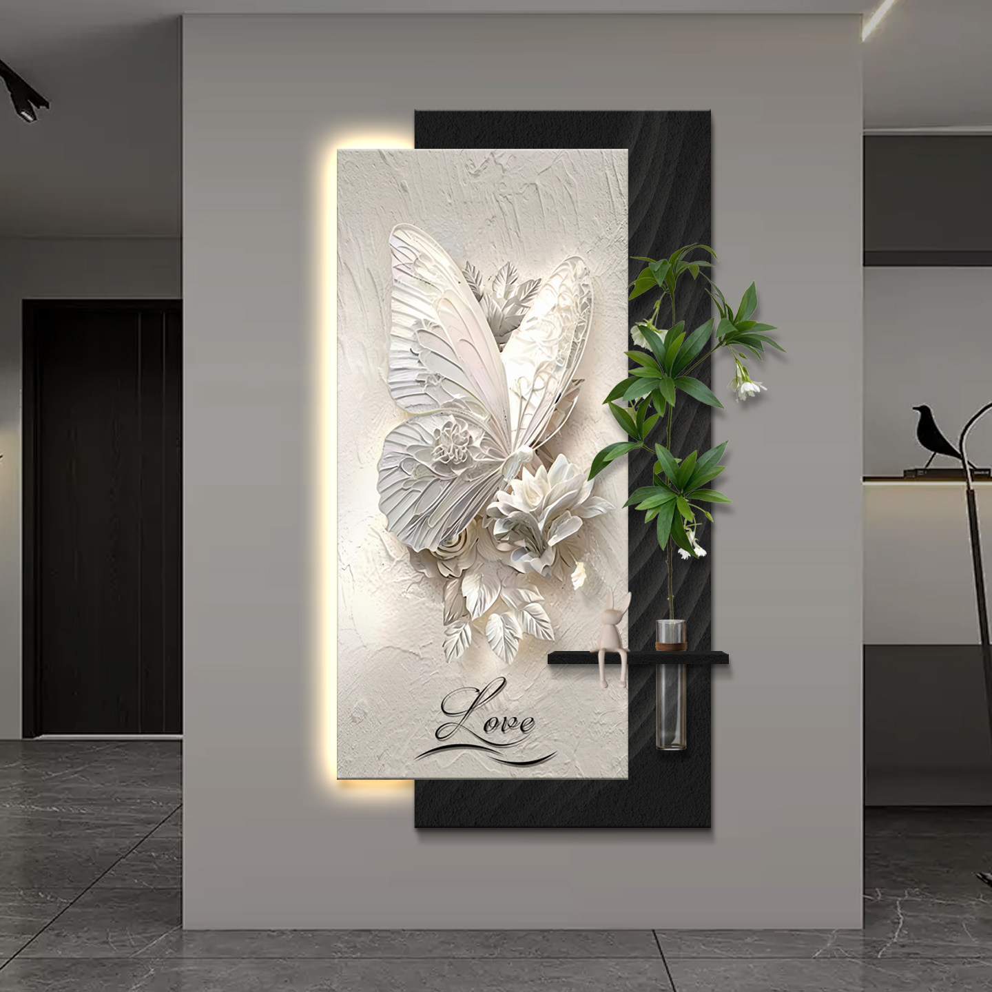 高级感蝴蝶入户玄关装饰画砂岩水培绿植走廊挂画带灯花卉立体壁画