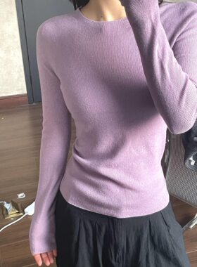 2026新款显腰紧身中长款万年圆领螺纹大弹力长袖纯色T打底衫
