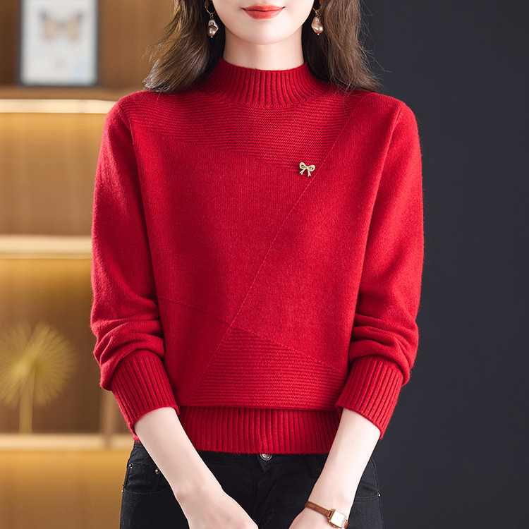100%羊毛红色半高领羊绒衫女
