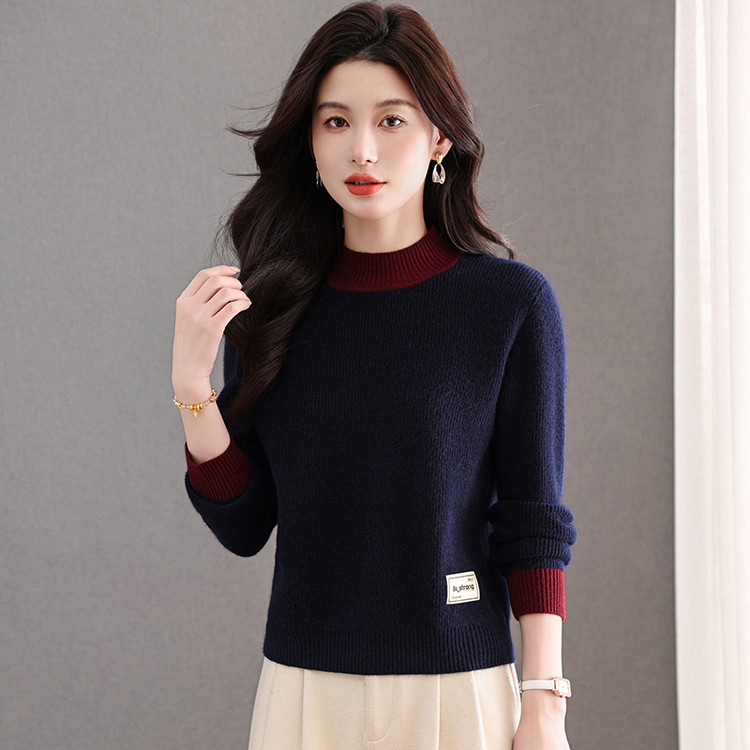 100%羊毛拼色半高领羊绒衫