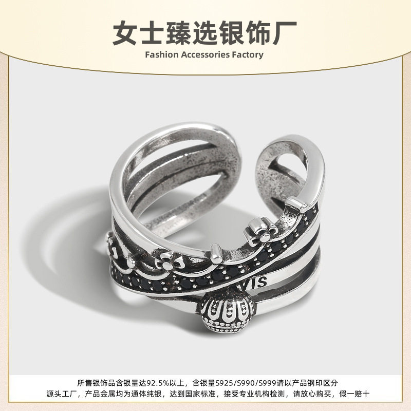 S925纯银跨境热销复古泰银皇冠染黑做旧戒指女式高级感欧美风指环