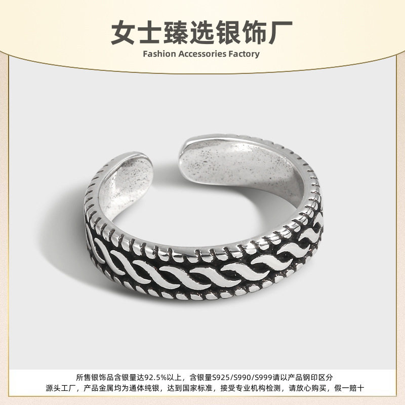 S925纯银跨境热销复古泰银东大门染黑做旧戒指女高级感欧美风指环