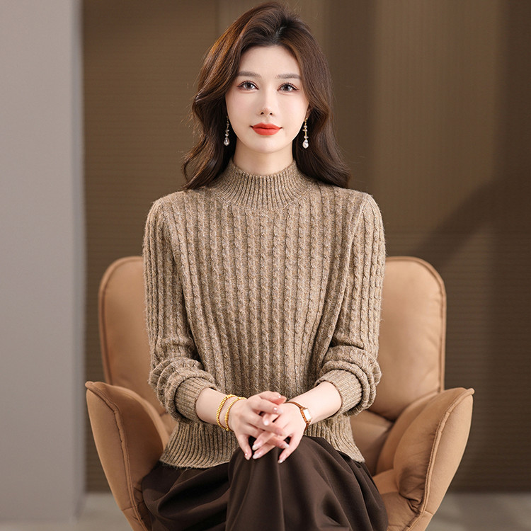 100%羊毛坑条针织衫女半高领