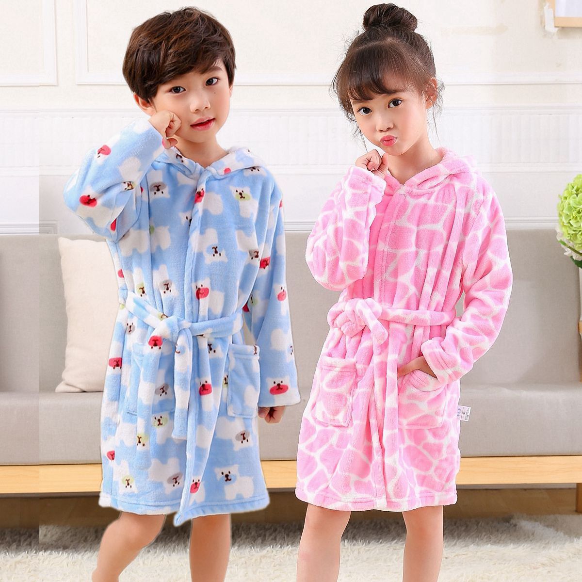 跨境 儿童睡袍男女宝宝春秋冬浴袍睡衣卡通法兰绒连帽童装家居服