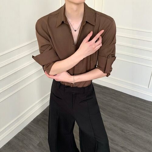 渡影谷/高级感basic shirt短宽版本衬衫纯色通勤百搭卷袖衬衣长袖