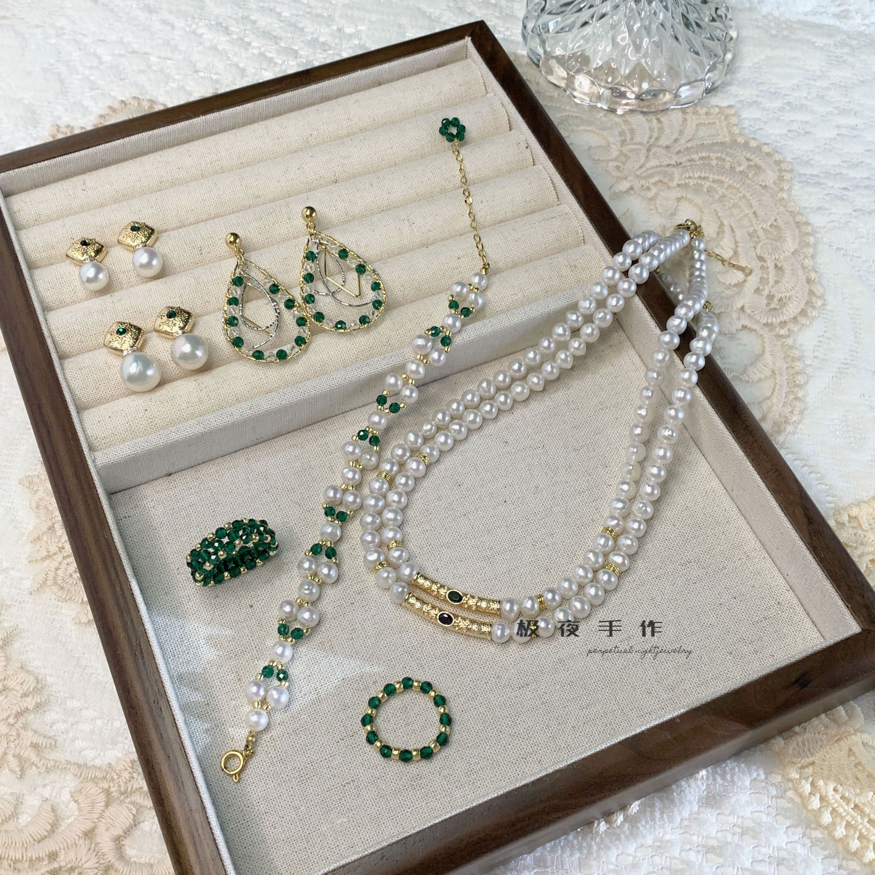 复古欧美vintage极夜金与祖母绿天然淡水珍珠巴洛克耳钉项链系列