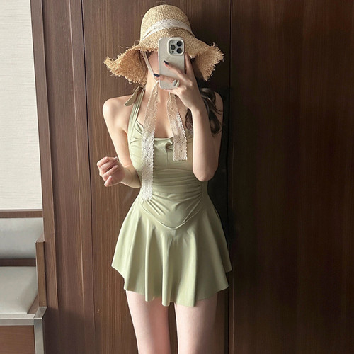 裙式连体平角裤遮肚显瘦泳衣女