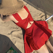 爆款 2026年新款 遮肚显瘦 保守泡温泉泳衣女款 红色性感露背连体裙式