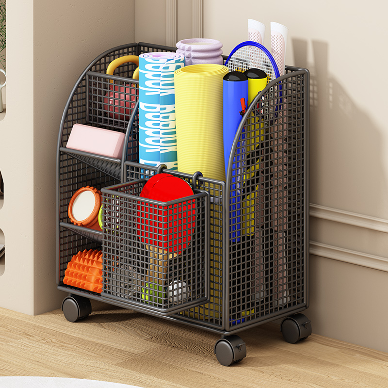 瑜伽垫收纳筐健身运动器材收纳架带轮家用篮球羽毛球类夹缝置物架