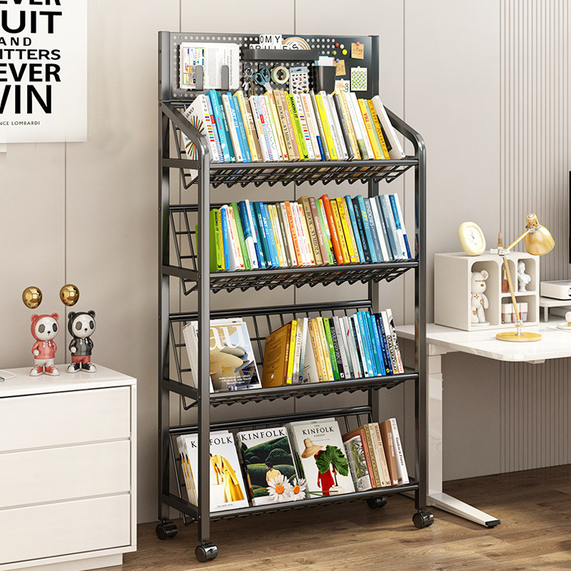 落地置物架可移动家用书架多层铁艺书柜带轮小推车简易零食收纳架