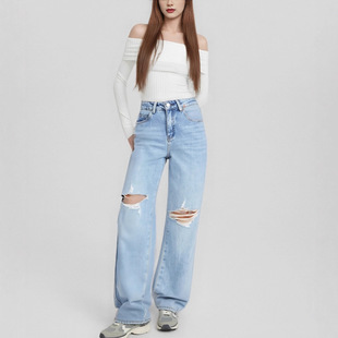 欧美INS风浅蓝色膝盖破洞阔腿牛仔裤女26夏大码高腰显瘦直筒长裤
