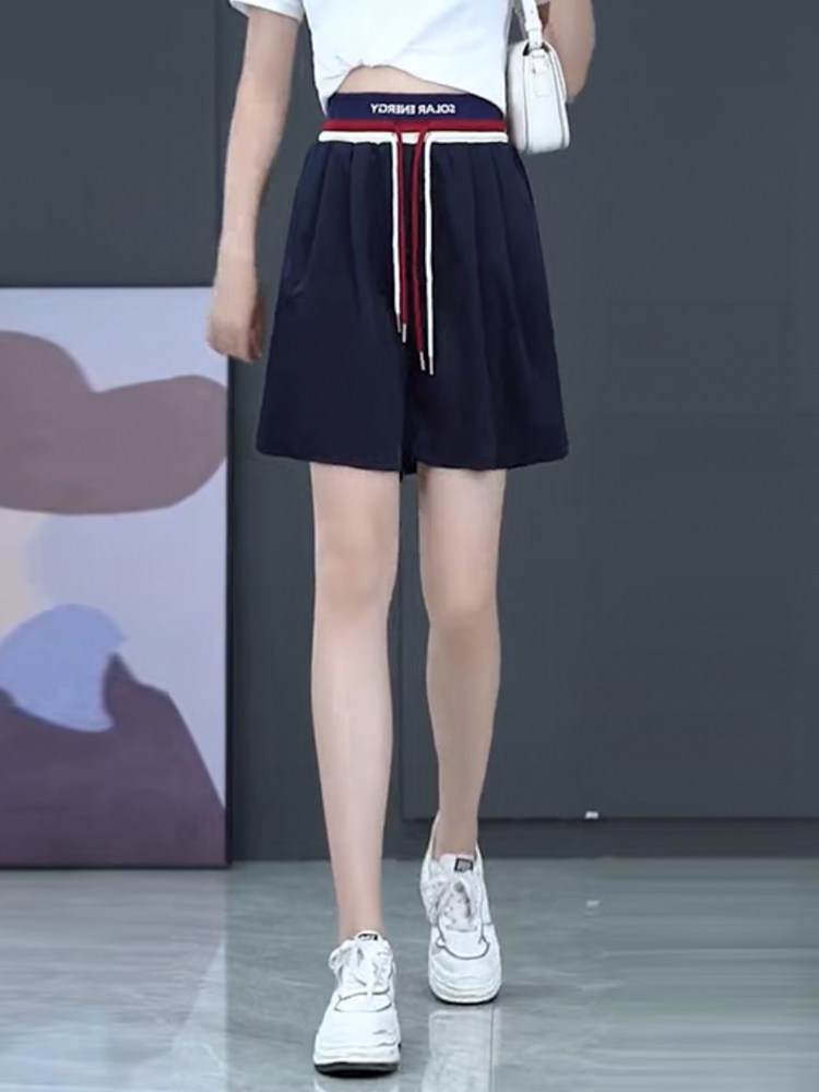 아이스 실크 반바지 여성 여름 얇은 스포츠 바지 2024 새로운 하이 웨이스트 와이드 다리 슬림 A 라인 캐주얼 중간 길이 바지