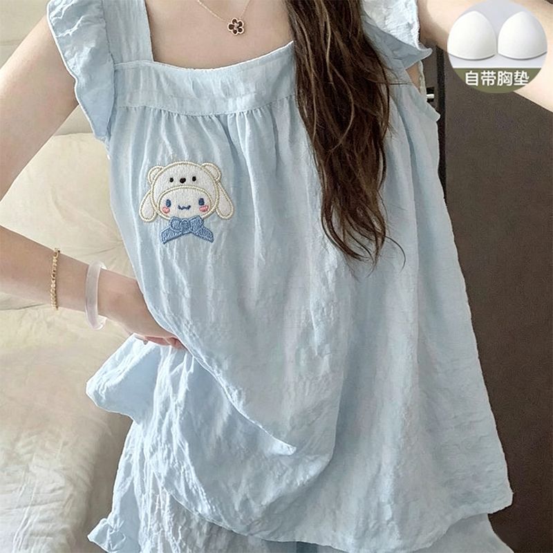 甜梦舞睡衣女款夏季云朵棉2026新款带胸垫一体吊带短裤家居服套装