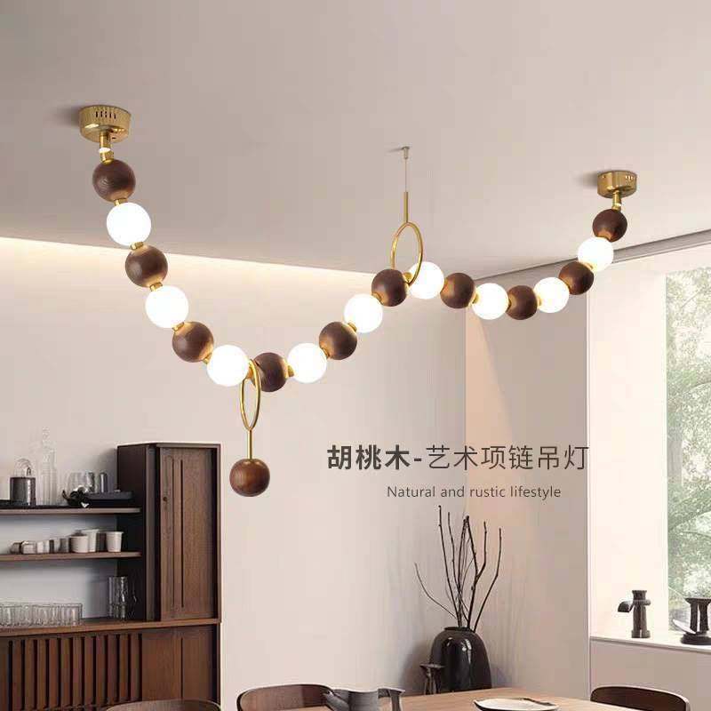 侘寂风佛珠项链吊灯  中古复古风长条餐厅吊灯实木茶室圆球吧台灯