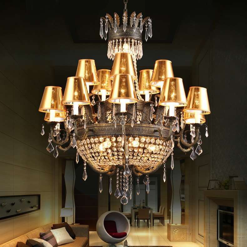 复式楼客厅水晶灯欧式大吊灯楼梯吊灯别墅楼中楼酒店大堂青古铜灯
